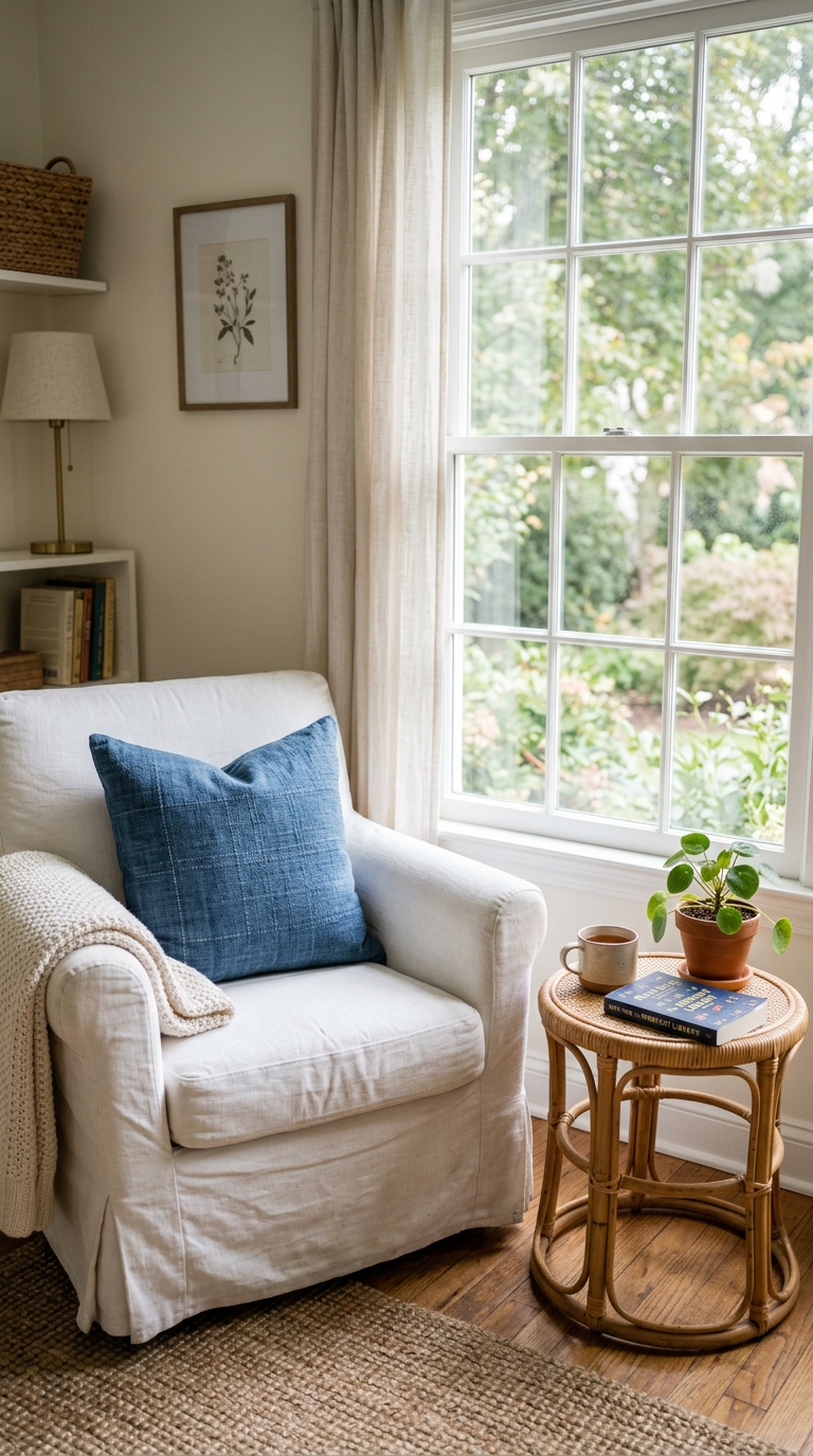 A slipcovered accent chair creates a cozy reading nook in this coastal granddaughter bedroom idea
