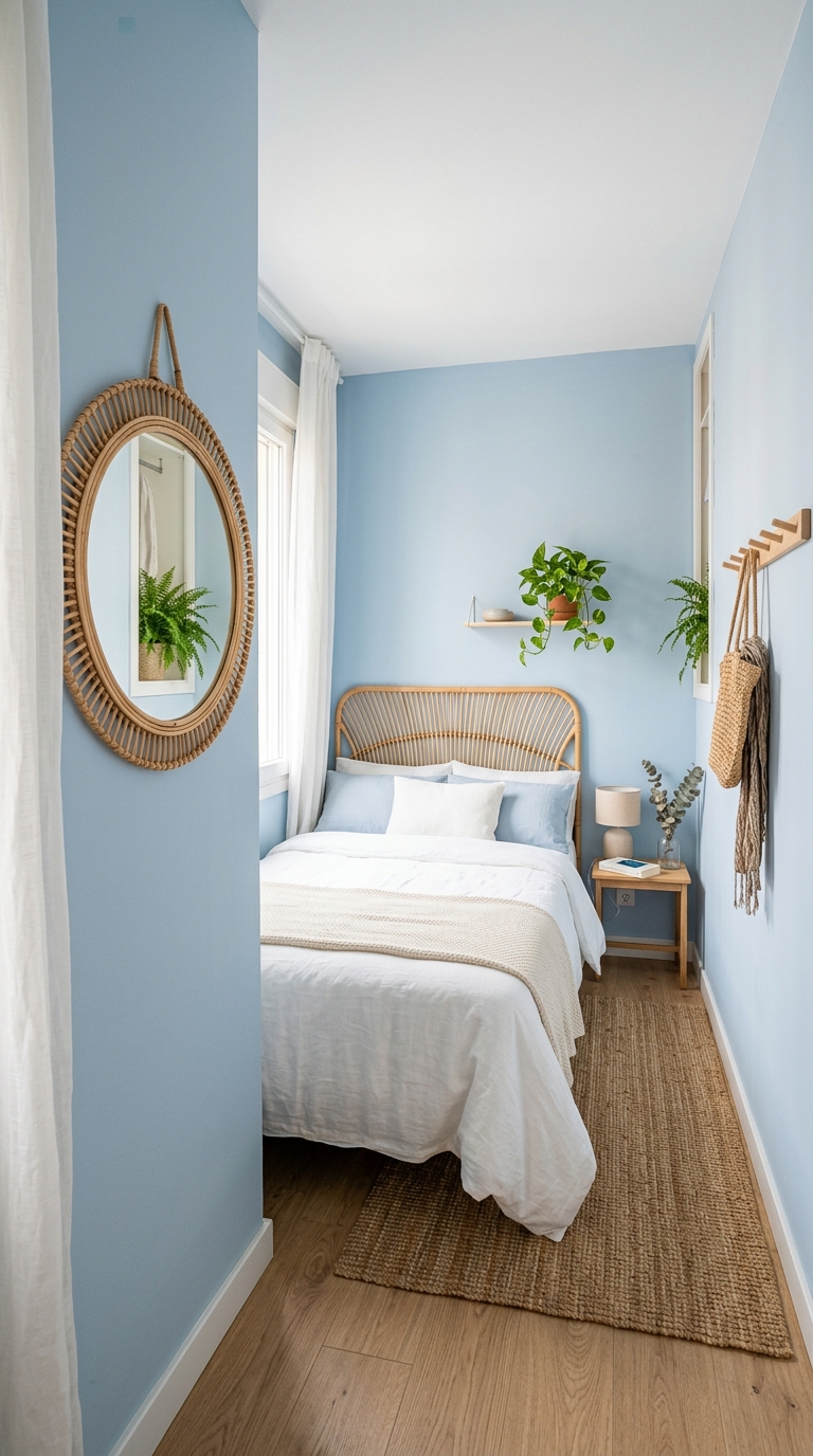 A small bedroom coastal granddaughter idea using light colors and mirrors to open up the space.