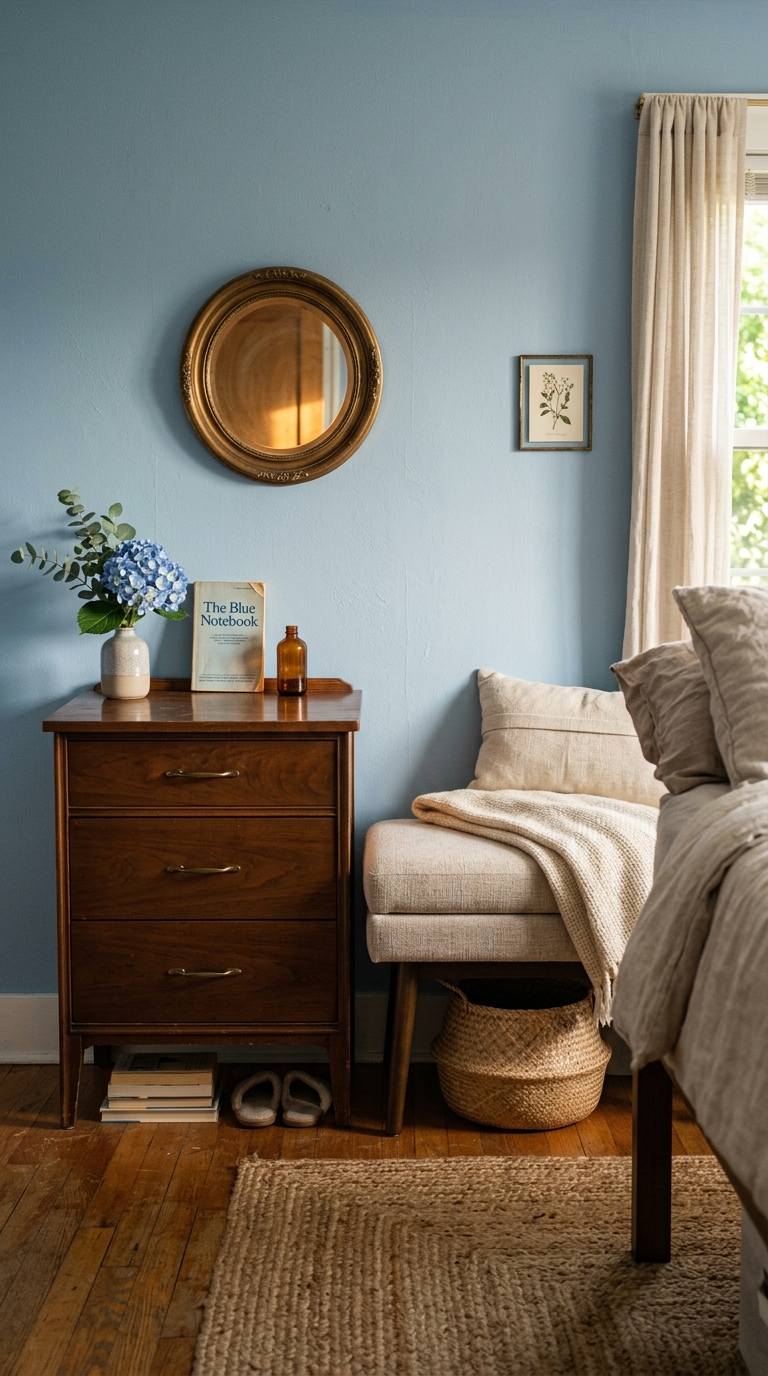 Mixing vintage and modern furniture pieces creates an authentic coastal granddaughter bedroom idea.