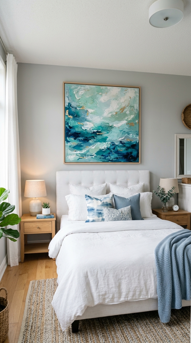 Abstract coastal wall art above the headboard elevates this coastal granddaughter bedroom idea.