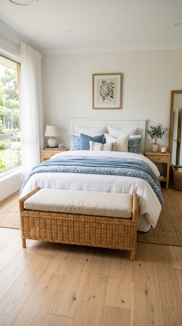 A woven rattan bench at the foot of the bed adds function and texture to this coastal granddaughter bedroom idea