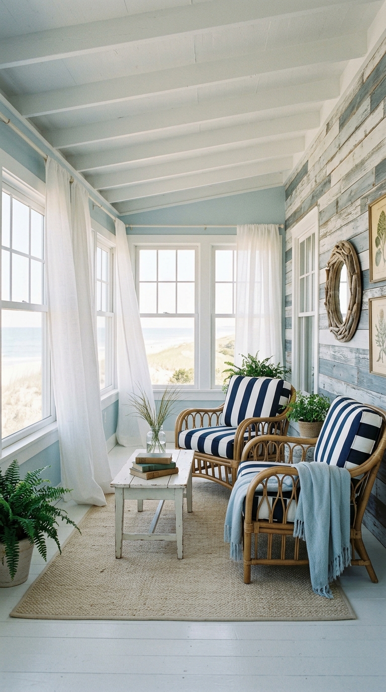Coastal-style enclosed porch idea with blue and white color palette