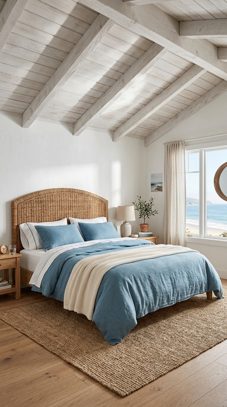 Whitewashed wood vaulted ceiling in a coastal bedroom with rattan headboard and ocean blue linens