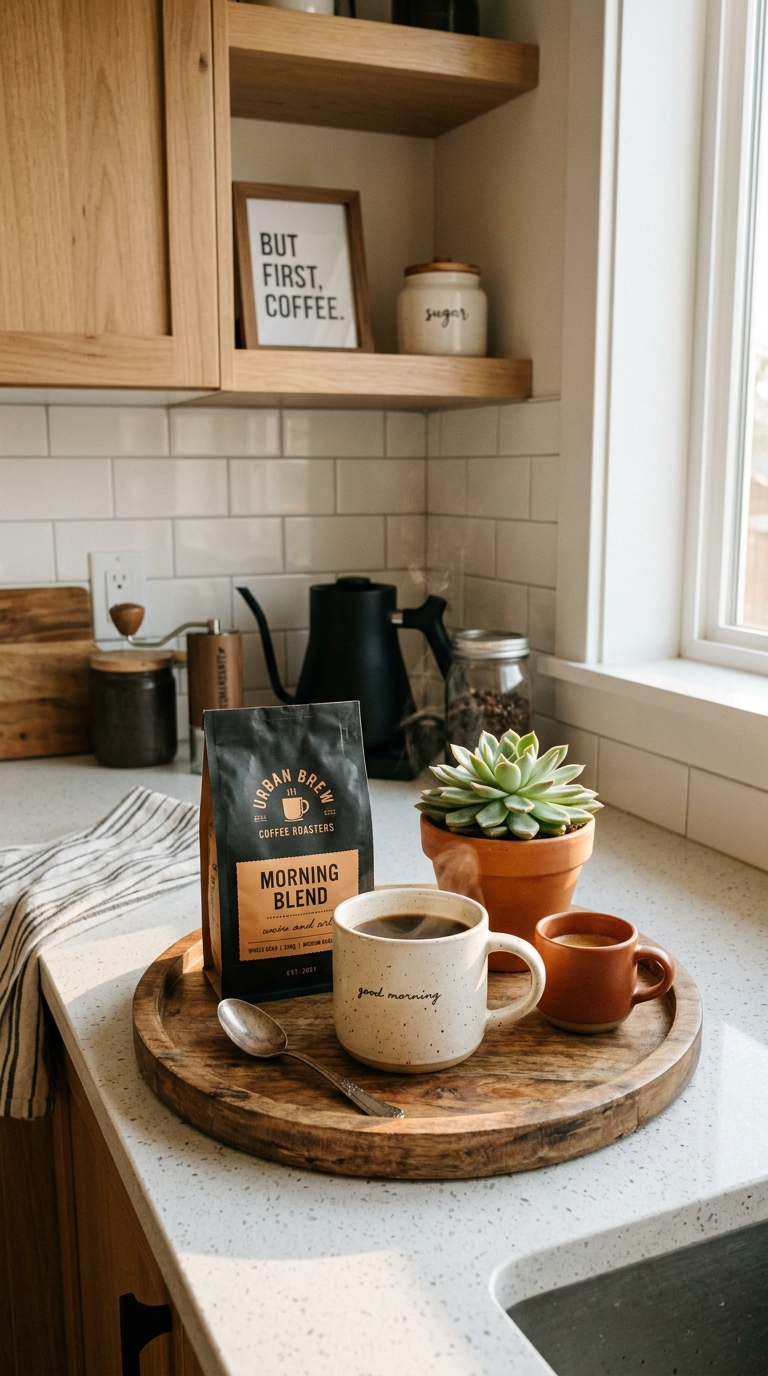 Styled coffee corner on a small apartment kitchen counter