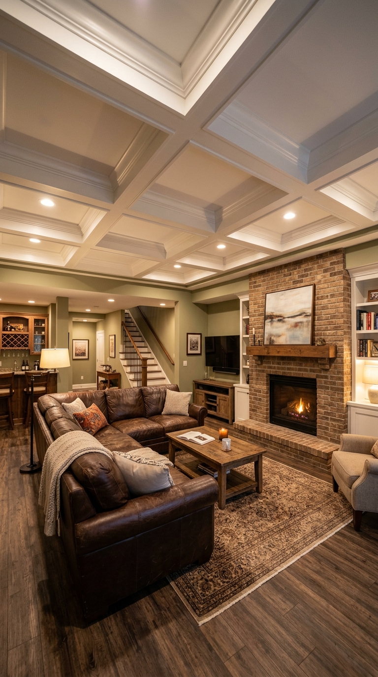 White coffered ceiling with grid beams in a basement den
