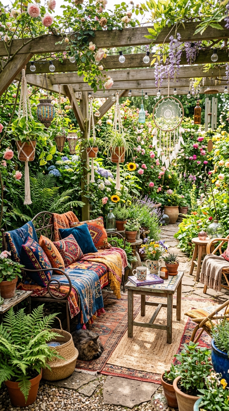 Cohesive bohemian style idea for a whimsical hippie garden