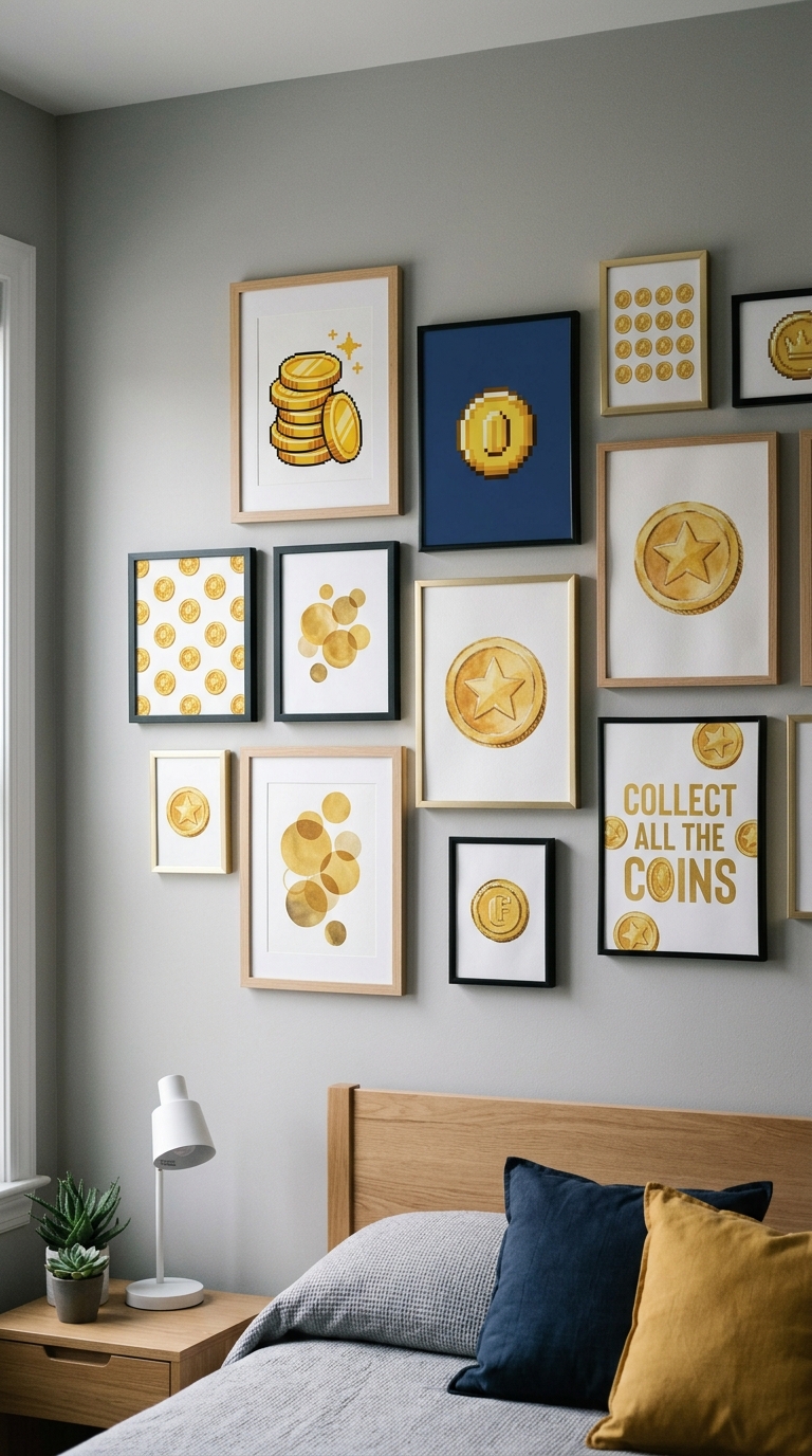 Gold coin motif wall art cluster styled in Mario Kart bedroom