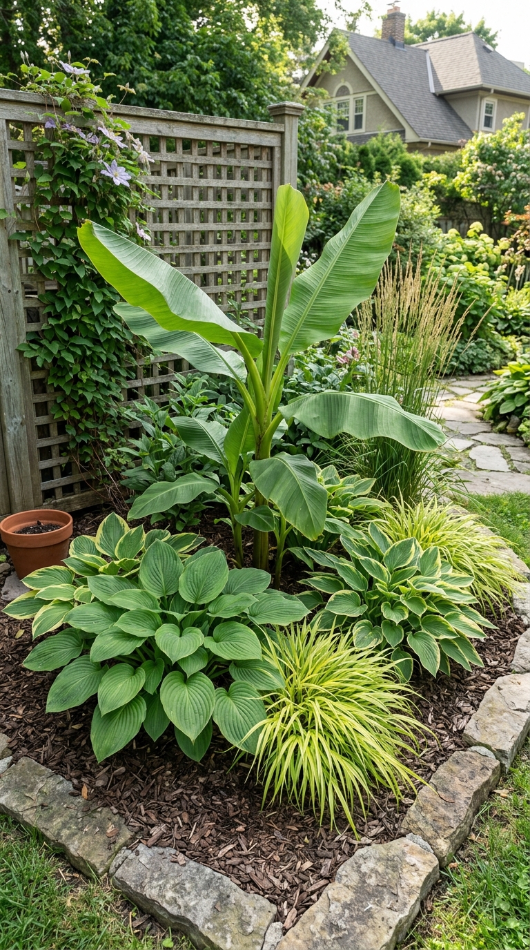 Cold-hardy tropical-looking garden bed with hostas and ornamental grasses