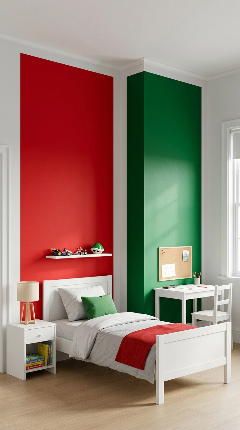 Red and green color-blocked walls inspired by Mario Kart character colors