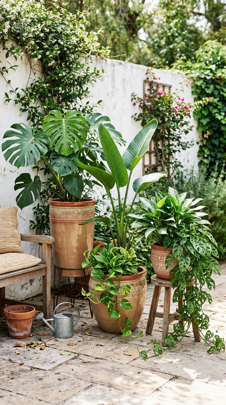 Trio of coordinating tropical plant containers at varying heights on a patio