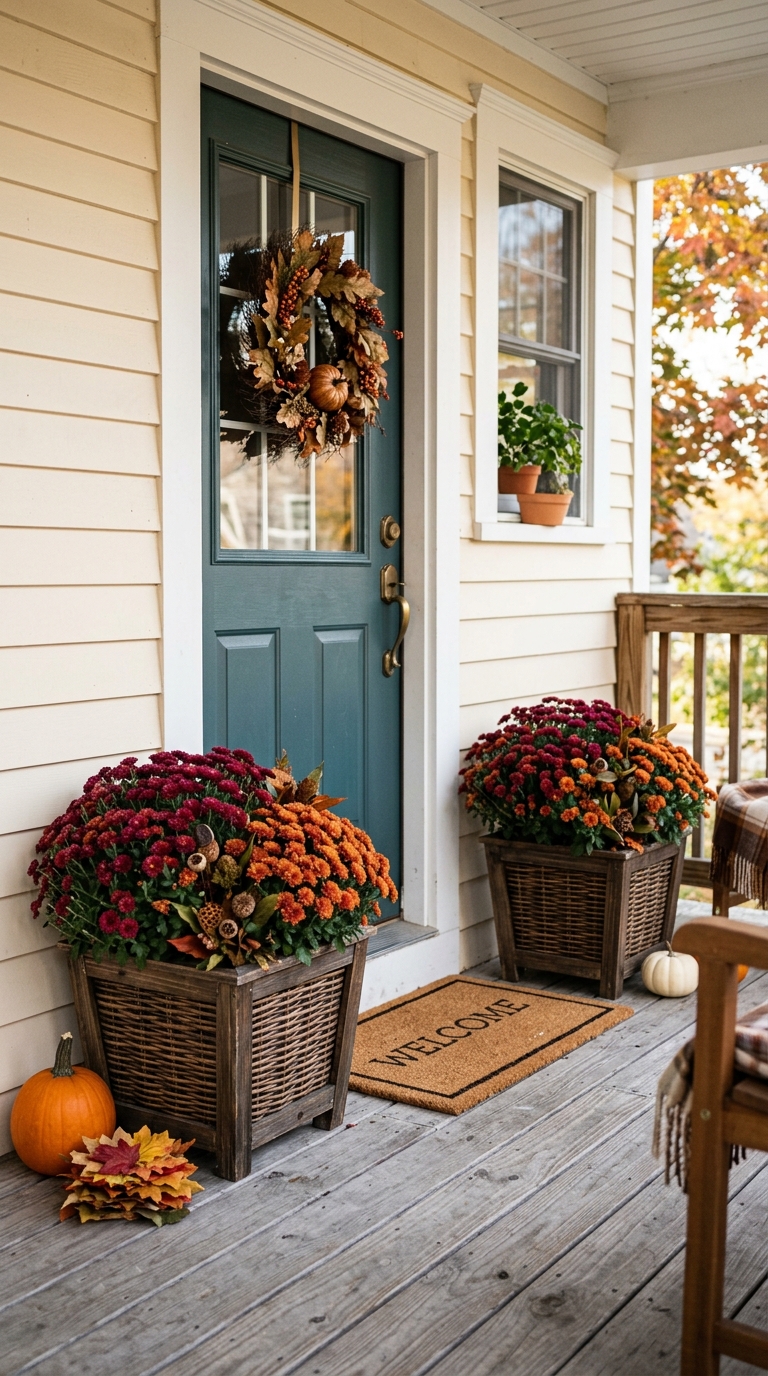 Compact mum planters styled on a small fall front porch entrance.