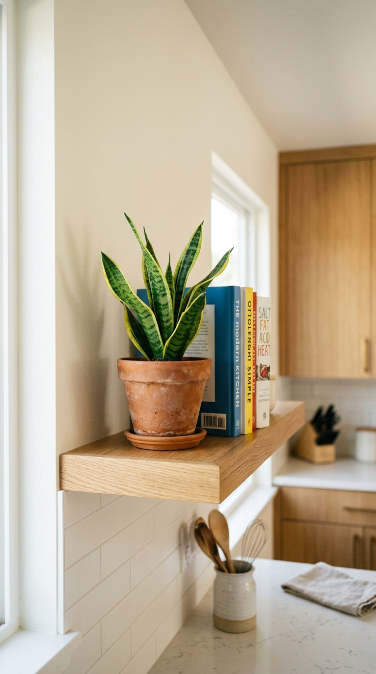 Compact snake plant styled on a floating kitchen shelf