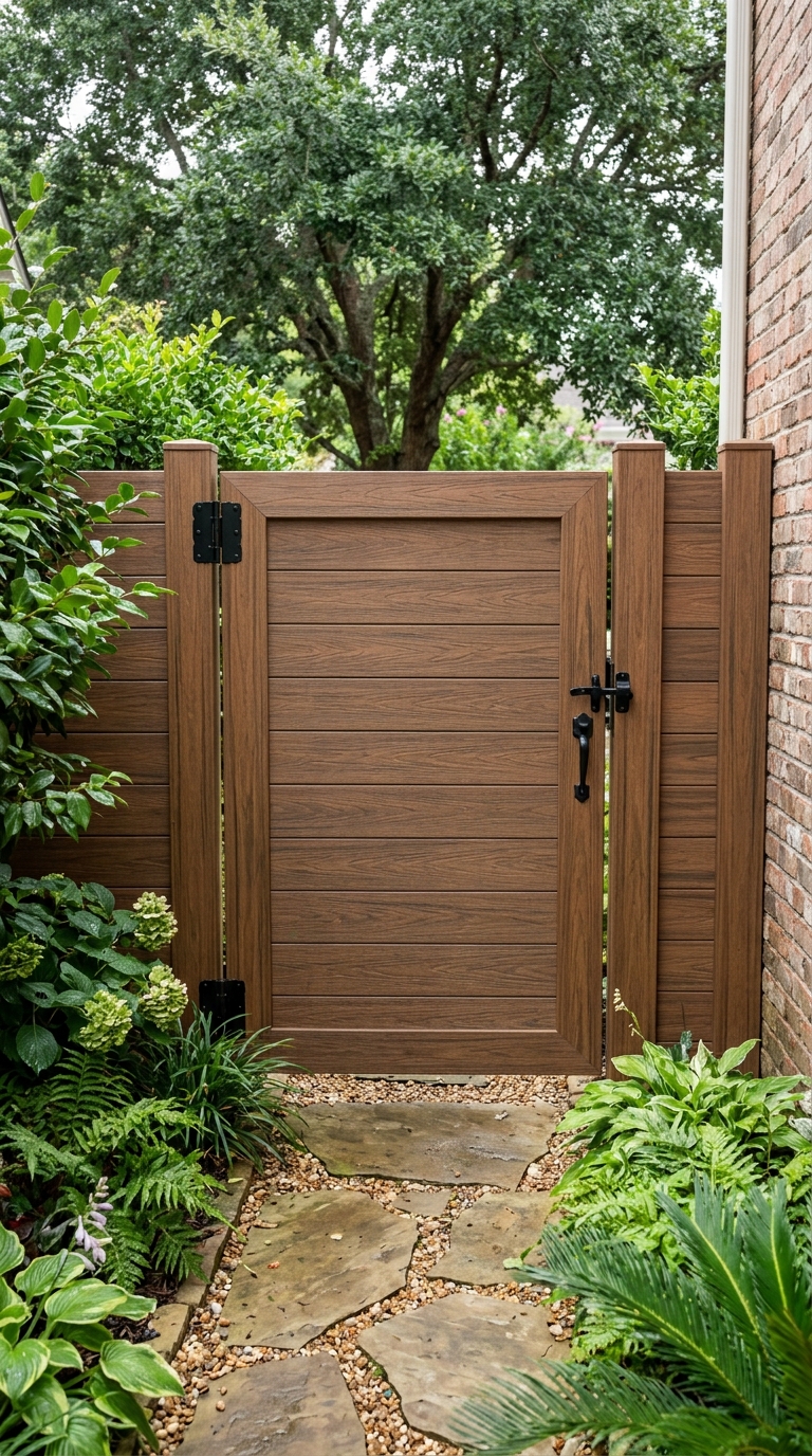 Weather-resistant composite side yard gate idea to prevent warping