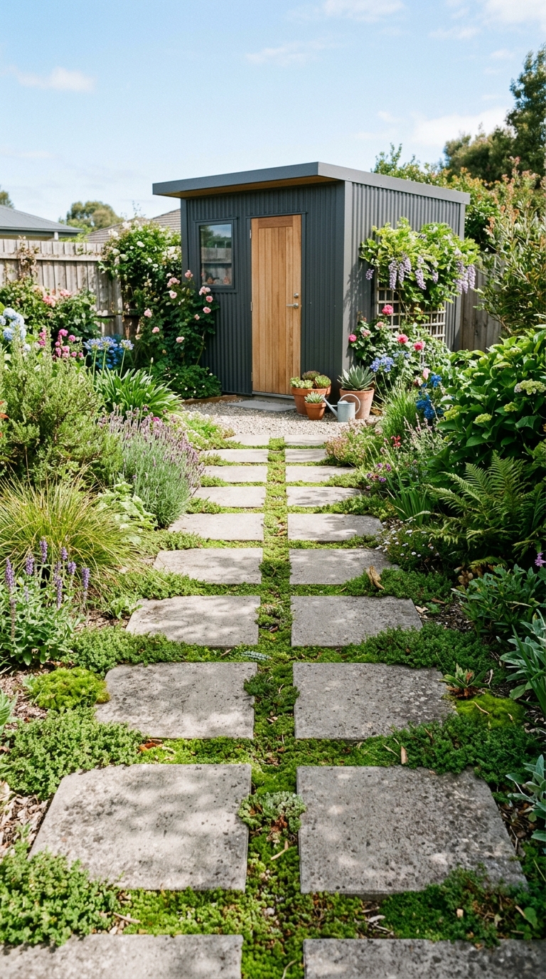 Concrete pavers with sparse planting next to a modern metal garden shed