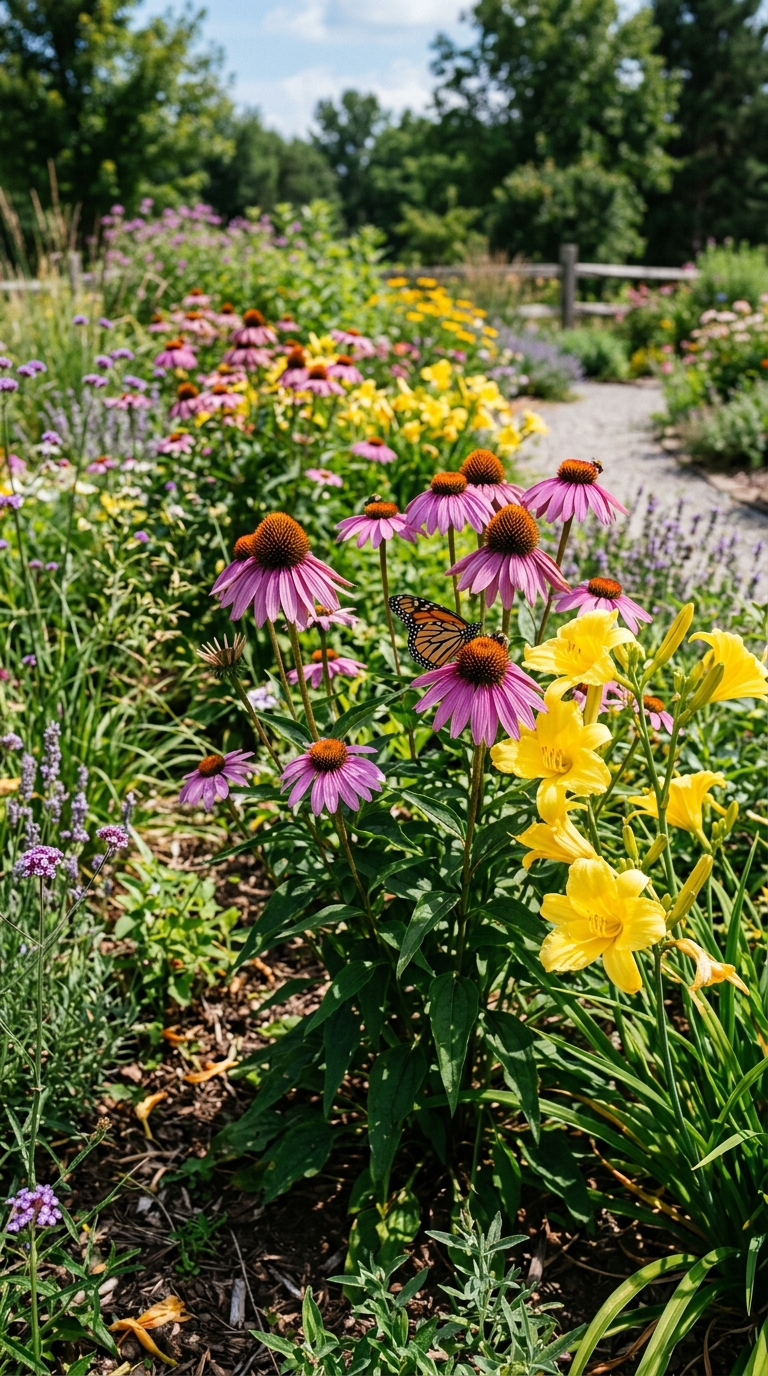 Purple coneflowers planted as pollinator-friendly companions to daylilies