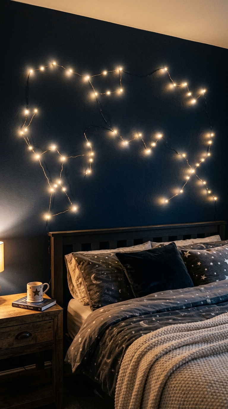 Constellation-shaped string lights on wall in space-themed bedroom