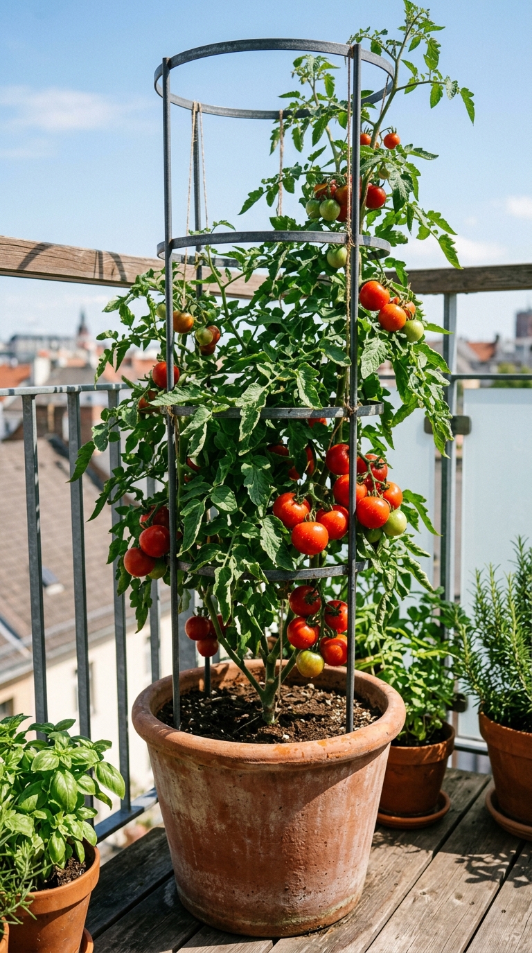 Tall reinforced tomato cage supporting a container-grown tomato plant on a patio