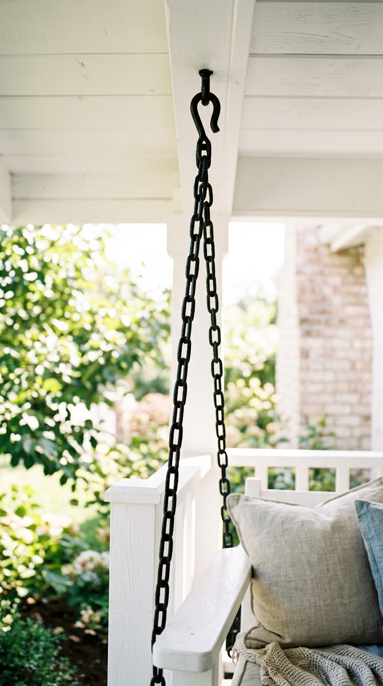 Porch swing styled with contrasting painted chains for a subtle accent
