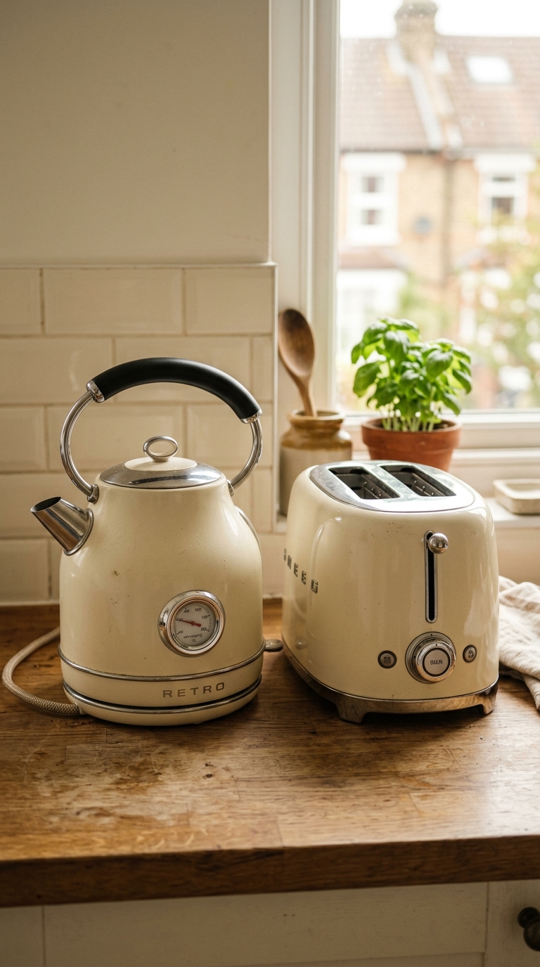 Coordinated cream retro appliances styled on an apartment kitchen counter