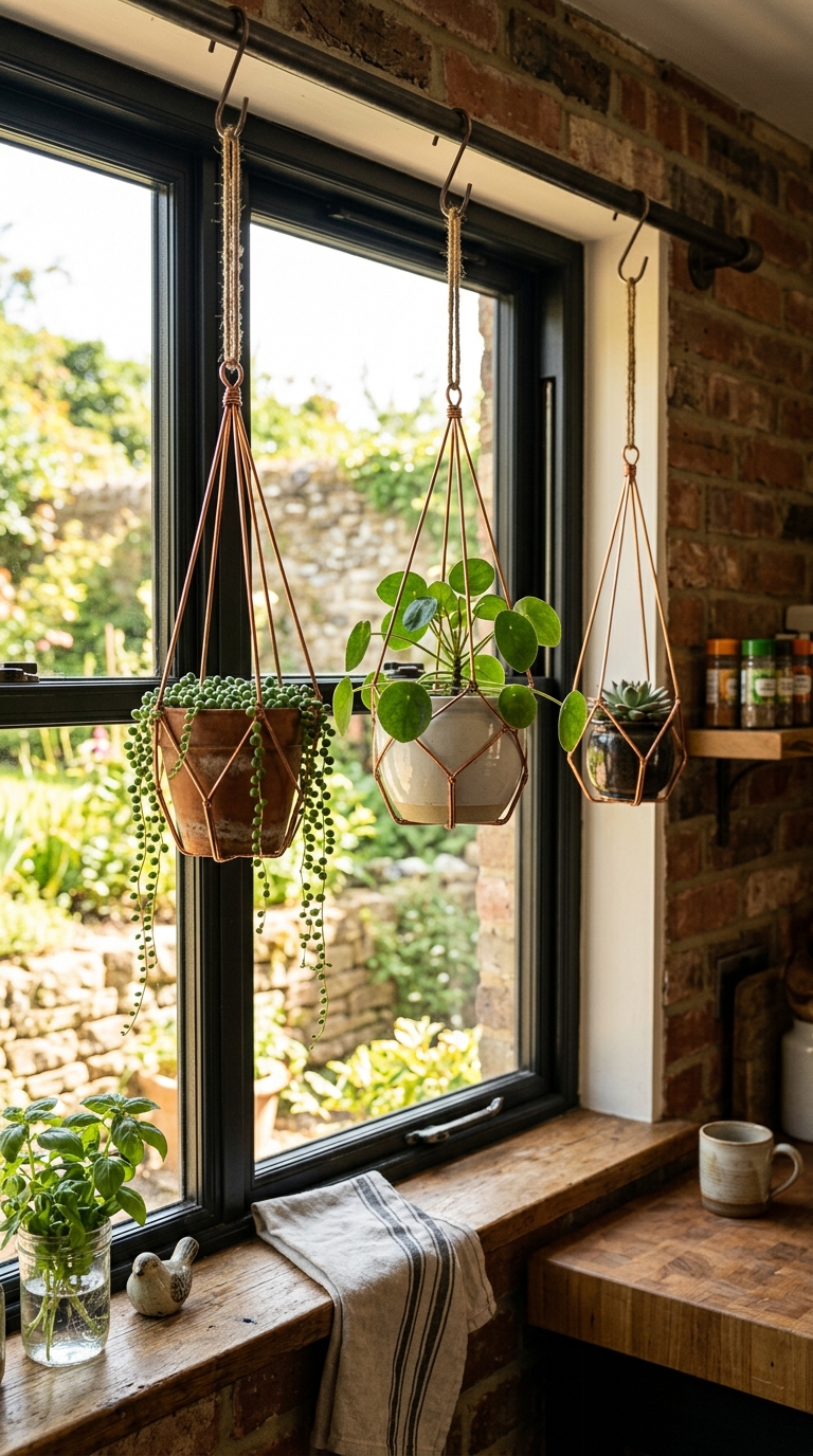 Copper wire plant hangers holding small potted plants by a kitchen window
