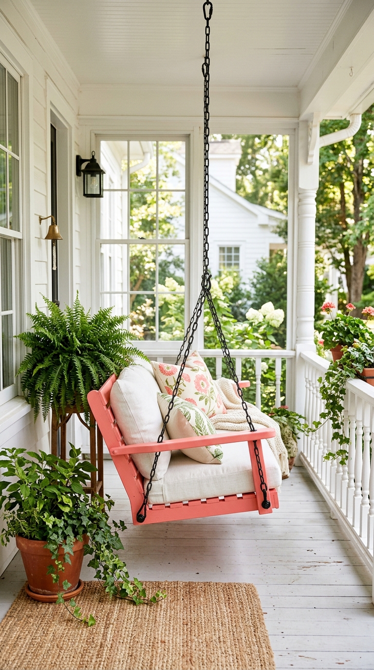 Coral pink porch swing styled for a playful Southern front porch