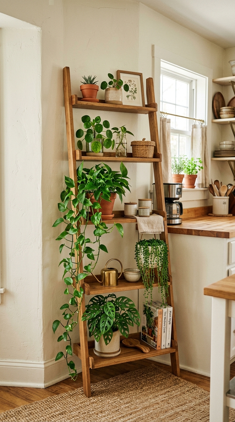 Ladder shelf styled with plants in a kitchen corner