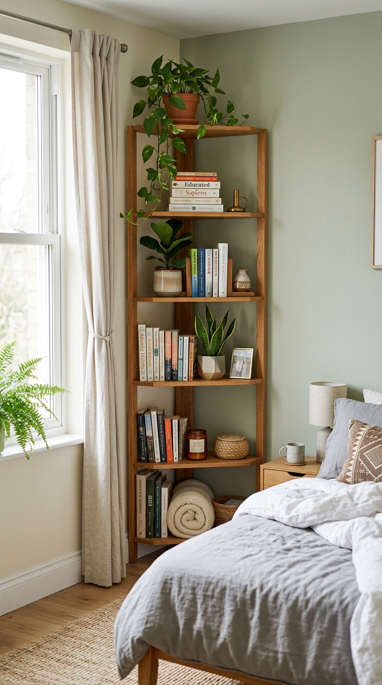 Corner shelving unit maximizing small bedroom space