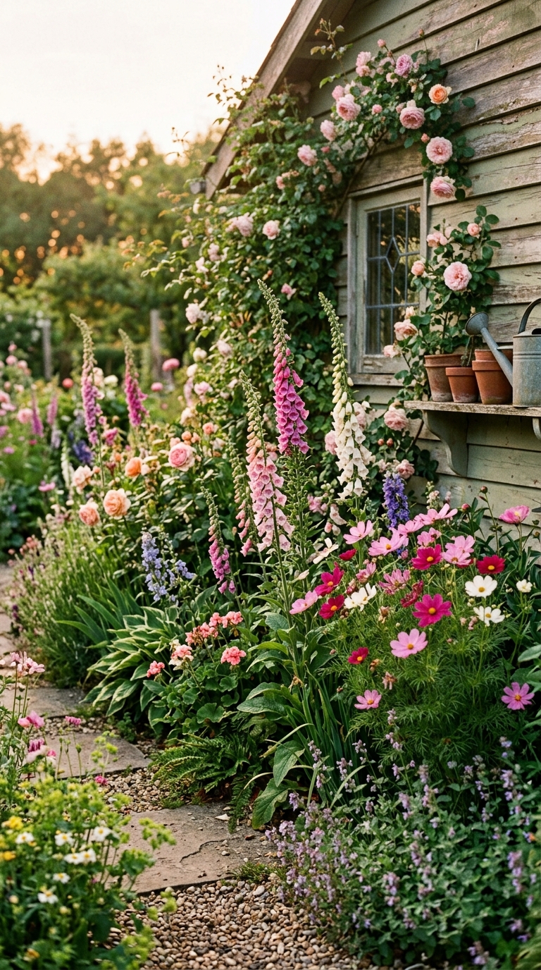 Cottage garden flower border planted in front of a wood garden shed