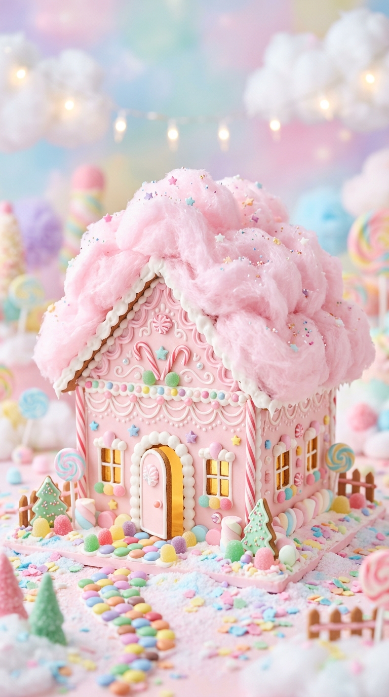 Pink gingerbread house topped with cotton candy clouds, a whimsical dessert-inspired idea