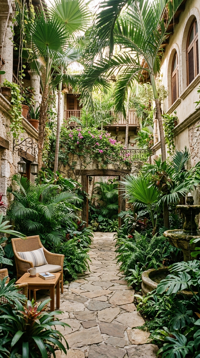 Enclosed courtyard tropical garden with layered palms and natural stone flooring