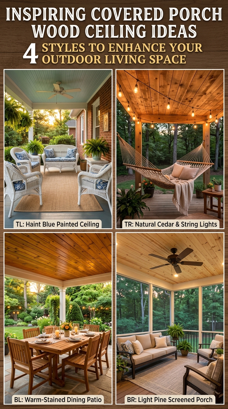 Southern-style covered porch featuring a haint blue painted wood ceiling and white wicker furniture.