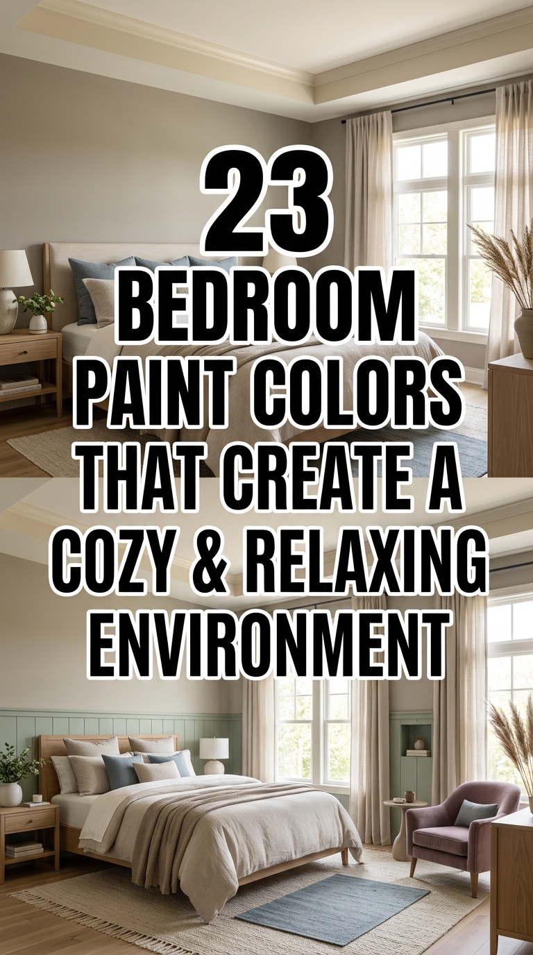Modern cozy bedroom with warm neutral paint color, soft lighting, and relaxing interior design.