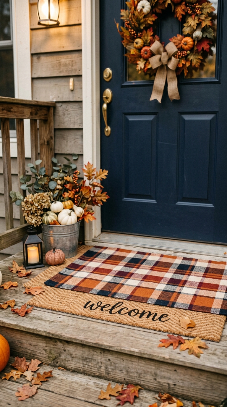 Layered fall doormat styled for a small front porch entrance.