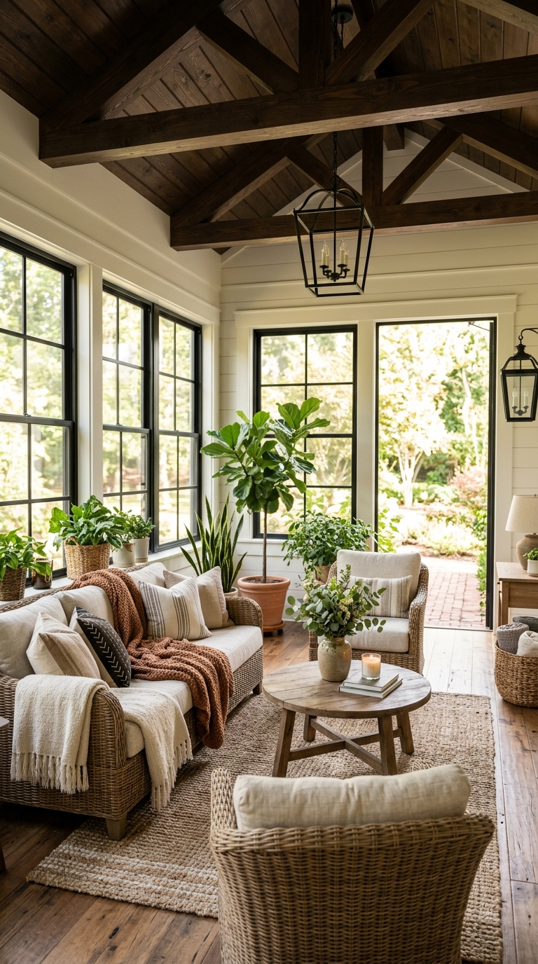Modern enclosed porch featuring cozy seating, plants, and warm natural lighting