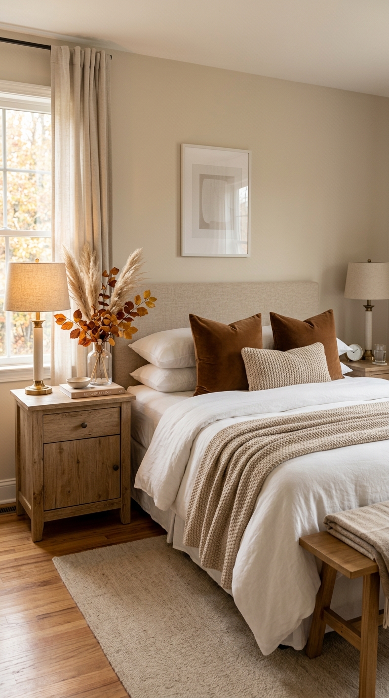 Cozy fall bedroom with warm autumn decor