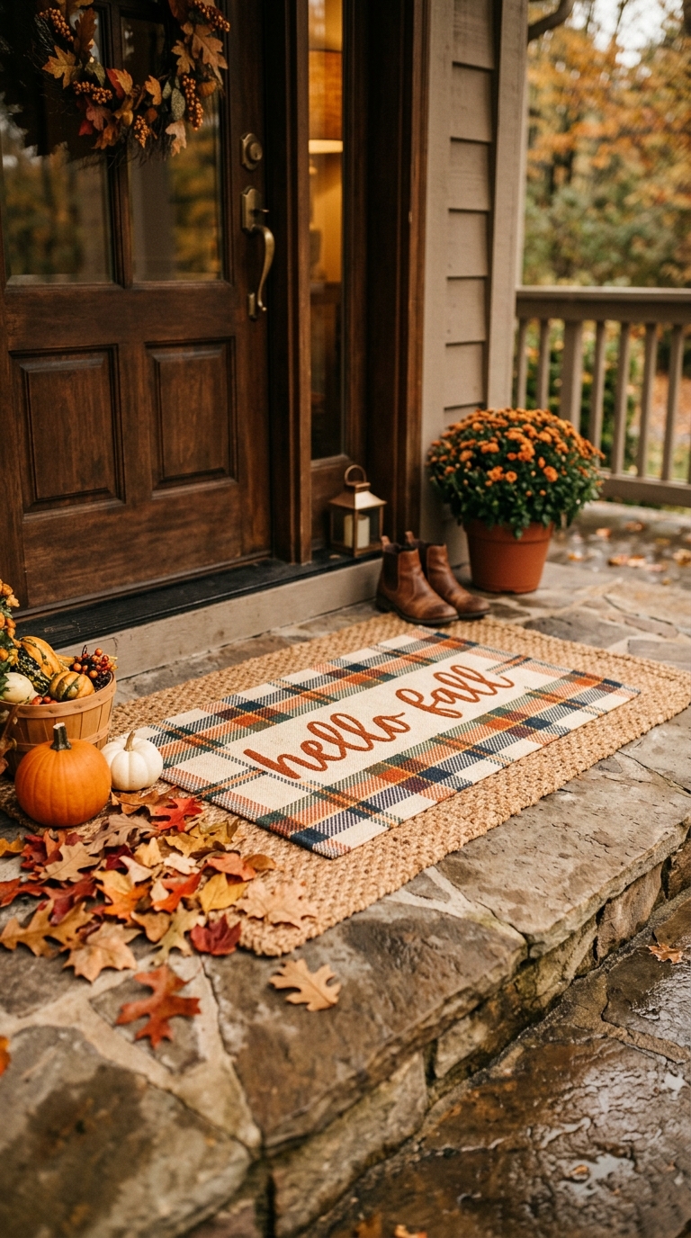 Layered plaid and coir doormats styled for a cozy fall front porch entrance.