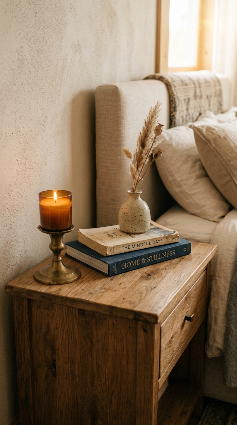 Styled fall nightstand with brass candle and stacked books in cozy bedroom