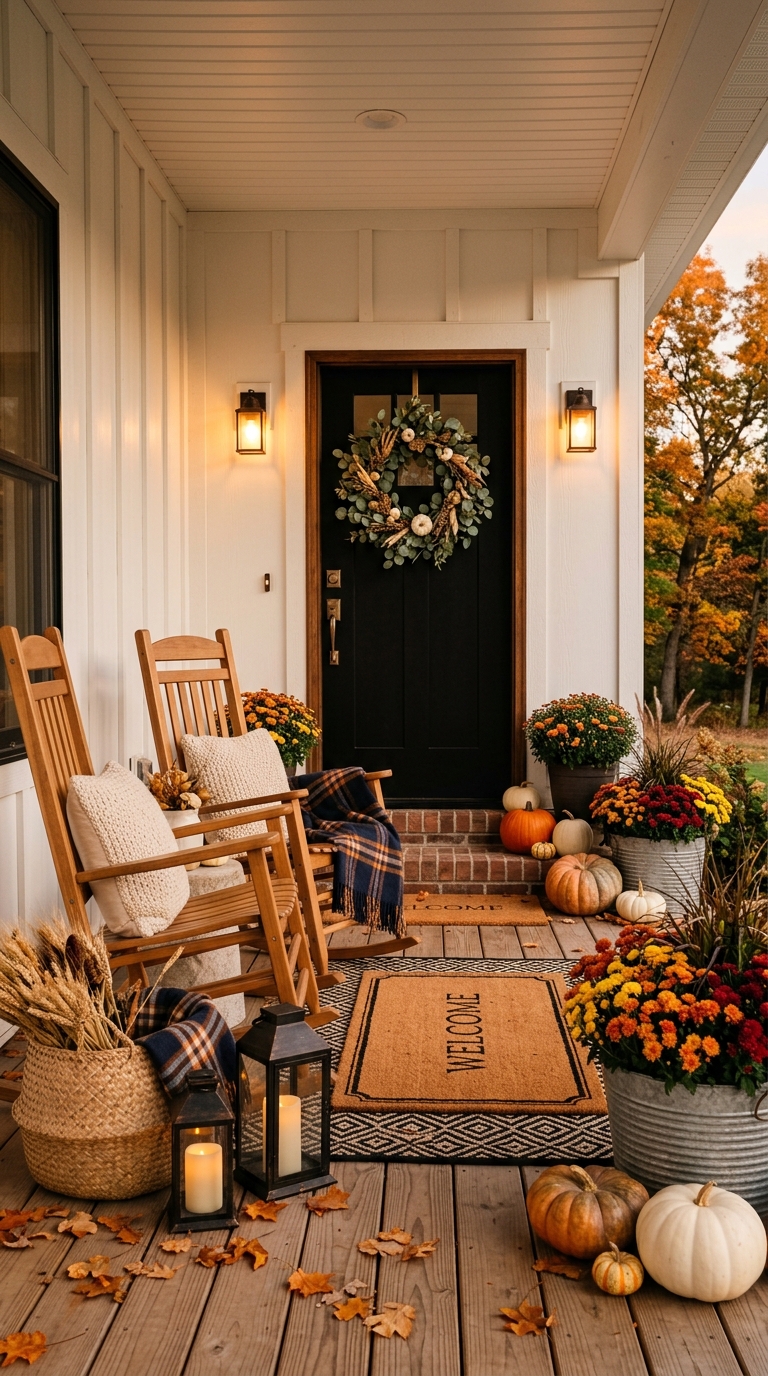 Elegant modern farmhouse porch decorated for fall.