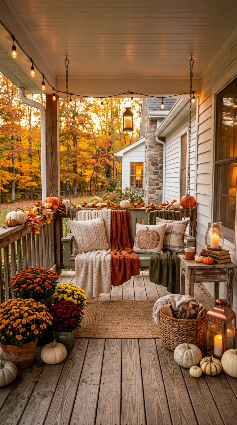 Farmhouse porch swing styled with fall throw pillows and a wool blanket
