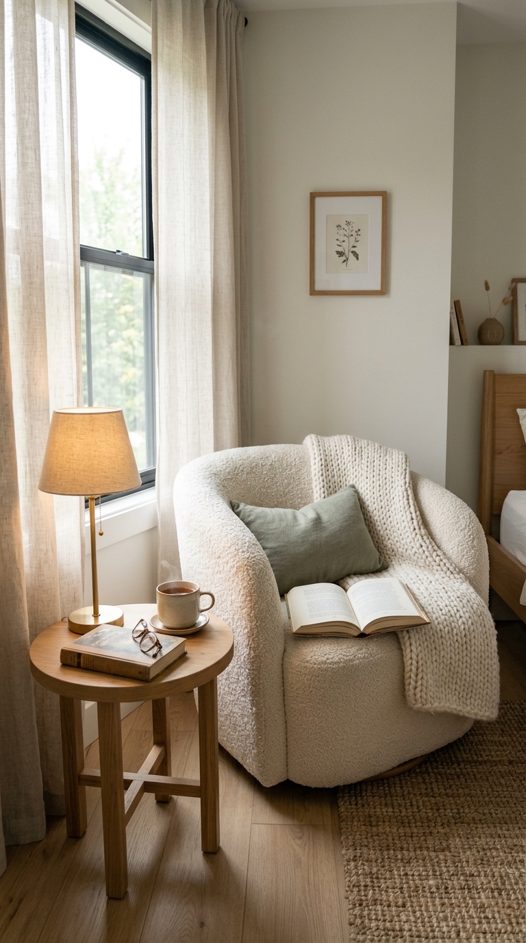 Cozy reading nook corner with armchair and warm lighting in a couples bedroom