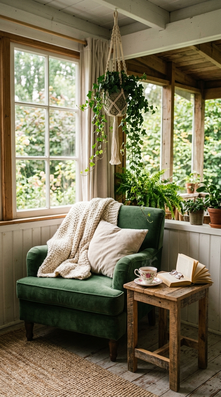 Cozy enclosed porch reading nook idea with velvet armchair and natural light