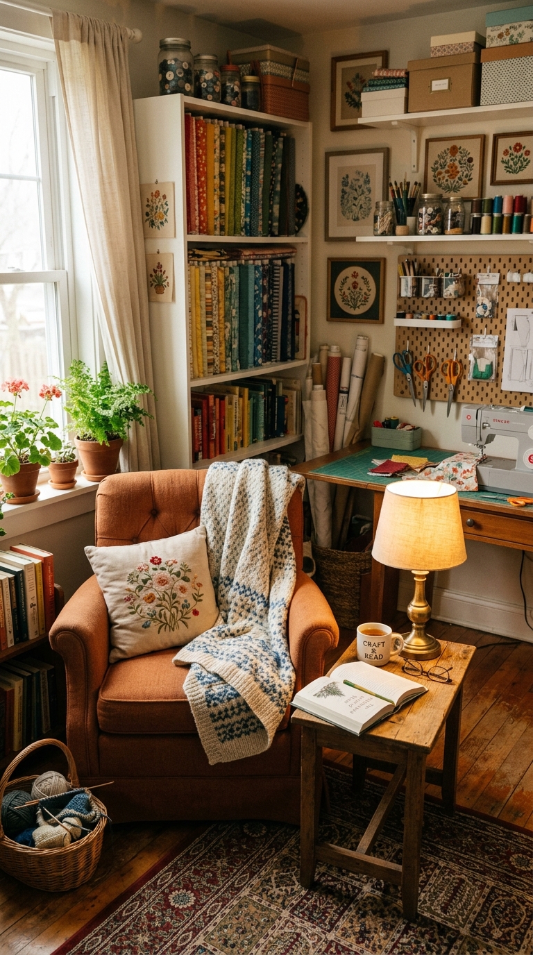 Cozy break nook with armchair inside sewing craft room