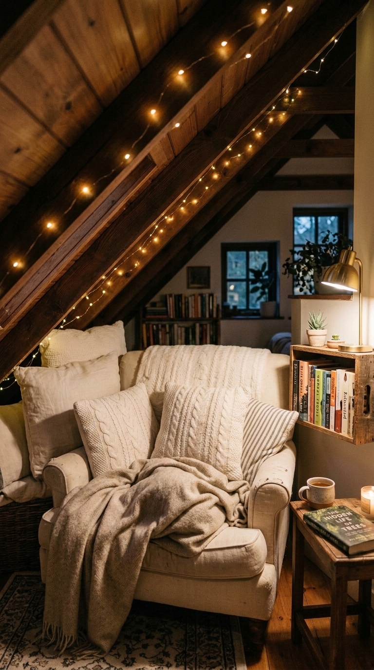 Cozy loft bedroom reading nook under a sloped ceiling with warm lighting