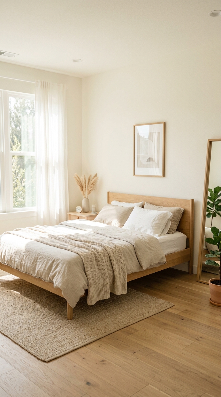 Creamy white bedroom wall color creating an airy, spacious feel