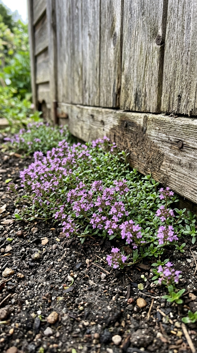 Creeping thyme ground cover replacing mulch around a garden shed