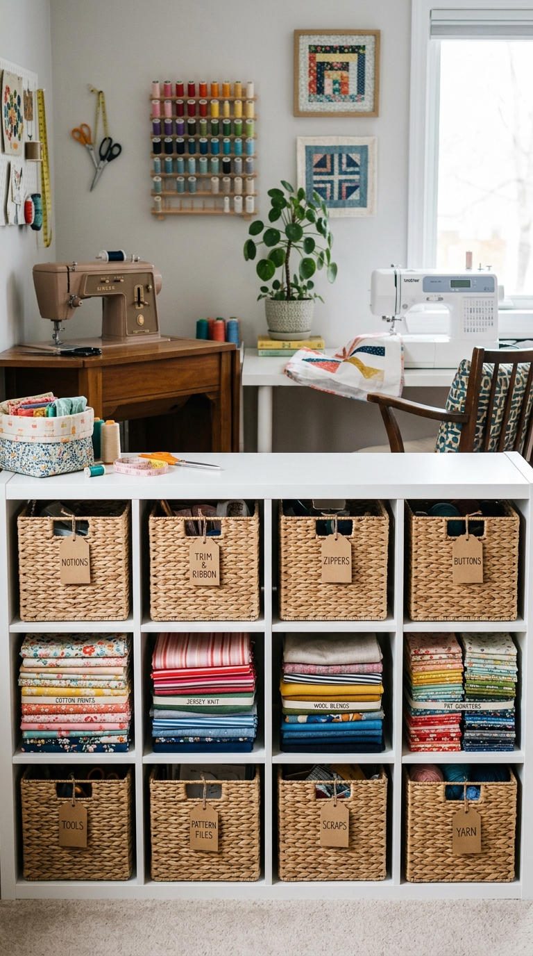 Kallax cube storage shelf organizing fabric and craft supplies in sewing room