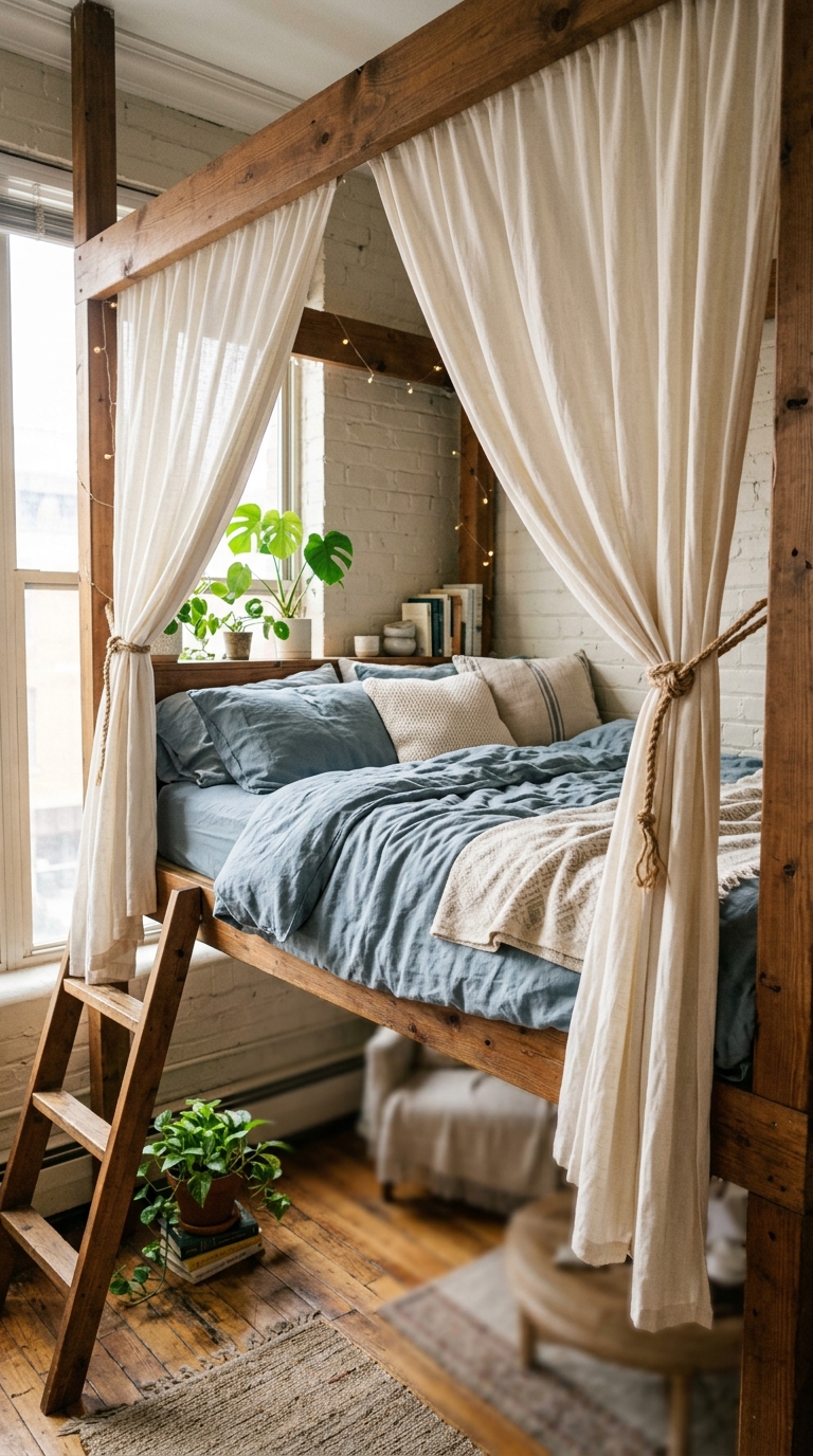 Loft bedroom with soft curtain for added privacy in a studio apartment