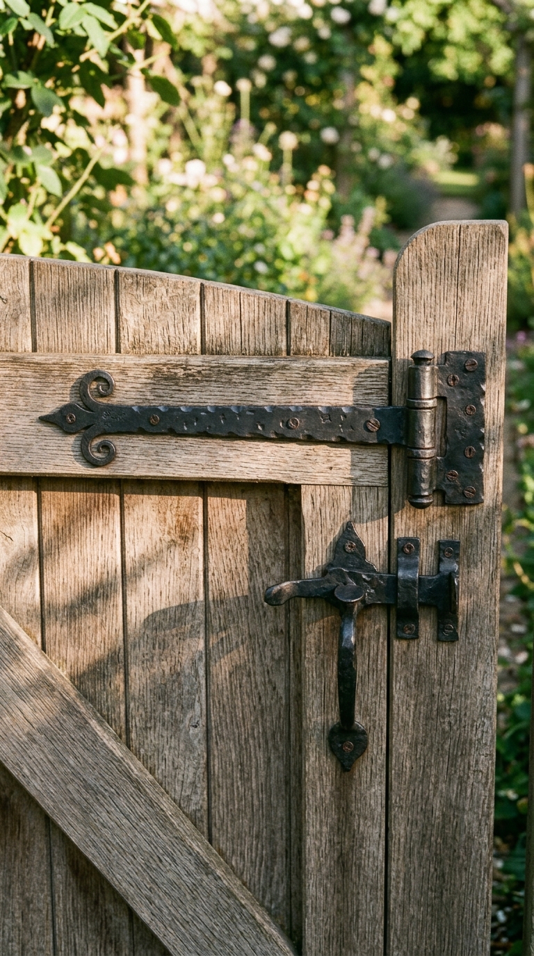 Garden gate idea featuring custom hand-forged hardware and hinges