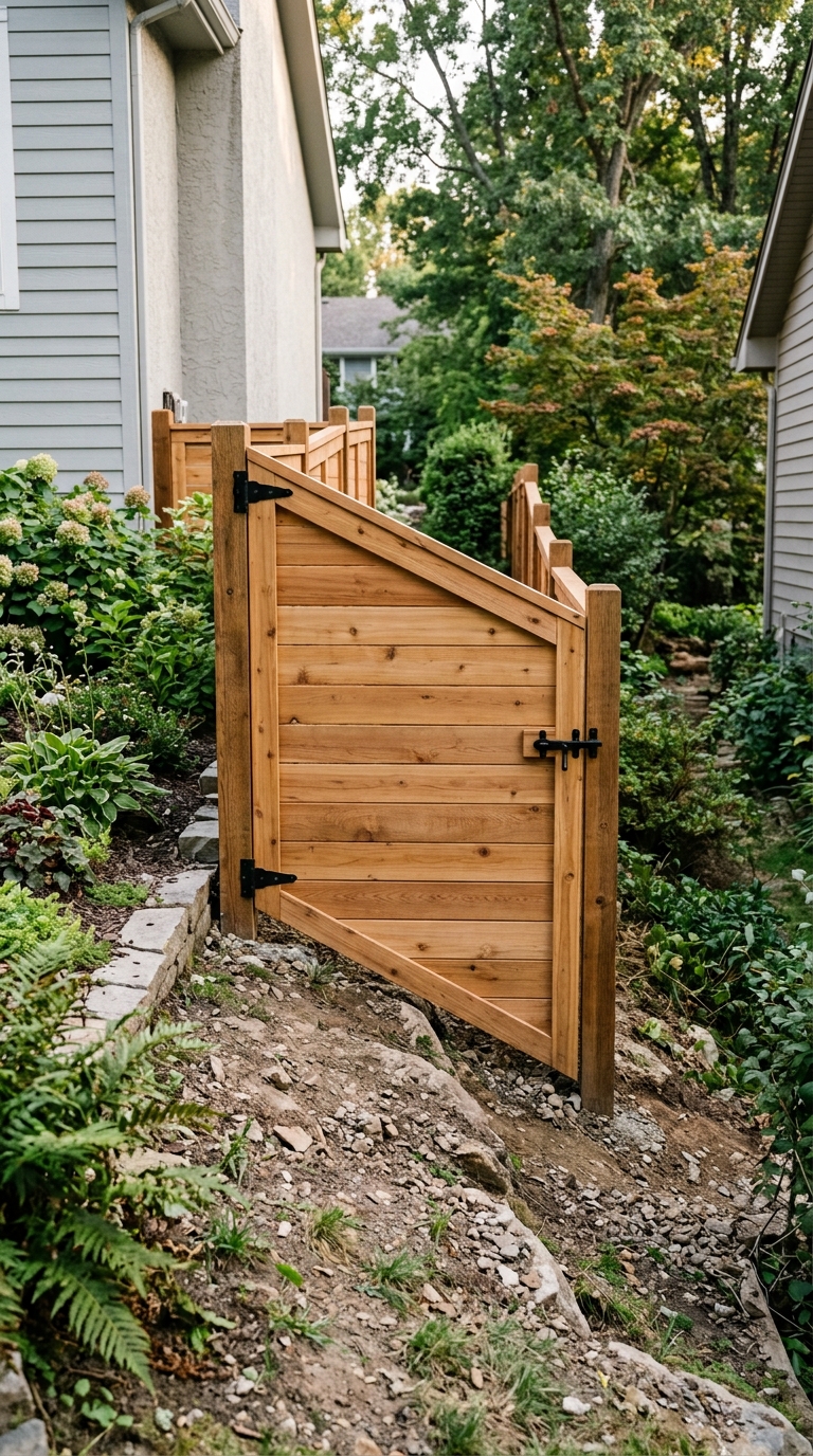 Custom-cut side yard gate idea for a sloped yard with no ground gap