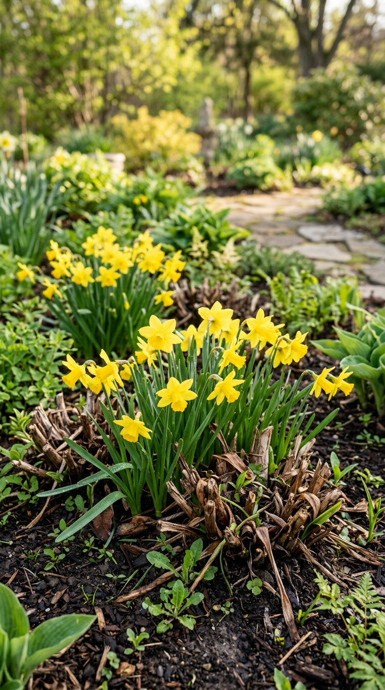 Yellow daffodils planted as spring companion plants for daylilies